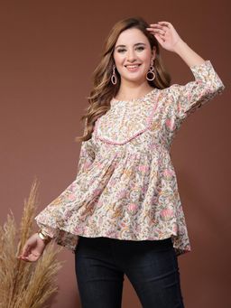 A&K - Multi-Color Embroidered Floral Print Peplum Top