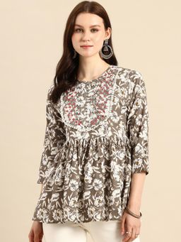 A&K - Multi-Color Embroidered Floral Print Peplum Top
