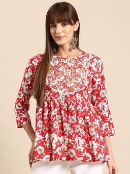 A&K - Red Embroidered Floral Print Peplum Top