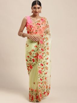Vastranand - Lime Green & Pink Floral Embroidered Organza Saree with Unstitched Blouse