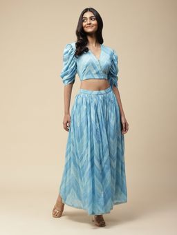 Aarke Ritu Kumar - Blue Chevron Printed Top With Skirt (Set of 2)
