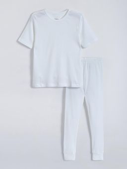 Hopscotch - White Ribbed Textured Thermal T-Shirt with Pant