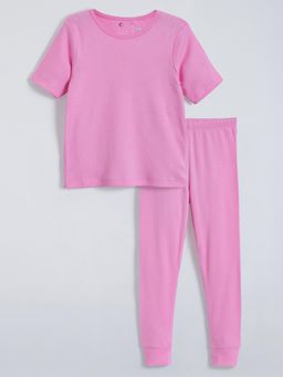 Hopscotch - Pink Ribbed Textured Thermal T-Shirt with Pant
