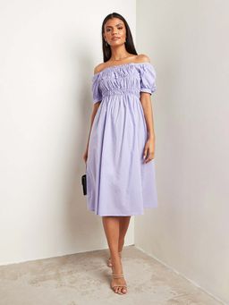 Styli - Lavender Cotton Gathered Detail A-line Knee Length Dress