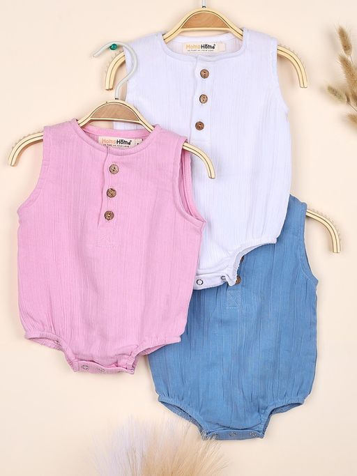 Moms Home Organic Cotton Baby Onesie Pink, White & Blue (Pack of 3)