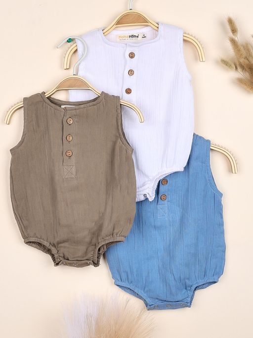 Moms Home Organic Cotton Baby Onesie Brown, White & Blue (Pack of 3)