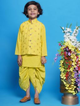 Little Bansi - Golden Floral Nehru Jacket with Kurta & Dhoti Kaccha Yellow (Set of 3)