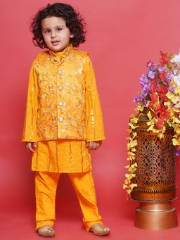 Little Bansi - Cotton Kurta with Nehru Jacket and Pyjama -Haldi Yellow (Set of 3)