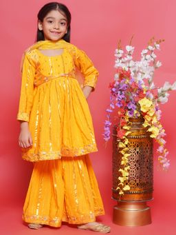 Little Bansi - Cotton Kurta Sharara with Jacket & Dupatta Haldi Yellow (Set of 4)