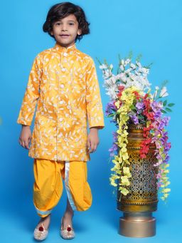 Little Bansi - Mulberry Silk Floral and Leaf Sherwani with Dhoti - Yellow (Set of 2)