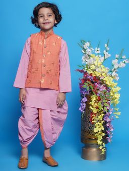 Little Bansi - Cotton Golden Deer Nehru Jacket with Kurta and Dhoti - Peach (Set of 3)