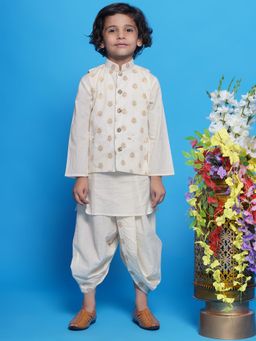 Little Bansi - Cotton Golden Nehru Jacket with Kurta and Dhoti - Cream (Set of 3)
