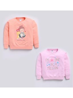 Nottie Planet - Loopknit Cotton Full Sleeve Girl & Dog Print Sweatshirt Coral, Pink (Pack of 2)