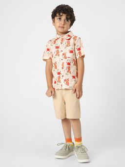 Nautinati - Boys Beige & Orange Animal Printed Shirt with Shorts (Set of 2)