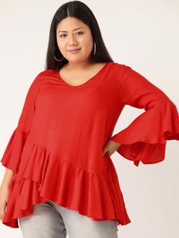 theRebelinme - Plus Size Women Red Solid Color Layered Top