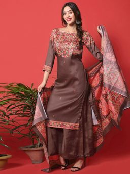 Stylee LIFESTYLE - Brown Cotton Digital Printed Dress Material (Set of 3)