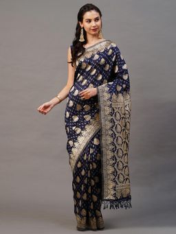 Akhilam - Navy Blue Festive Silk Blend Woven Design Saree with Unstitched