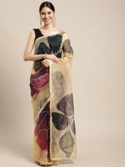Vastranand - Beige & Maroon Sequinned Organza Saree with Unstitched Blouse