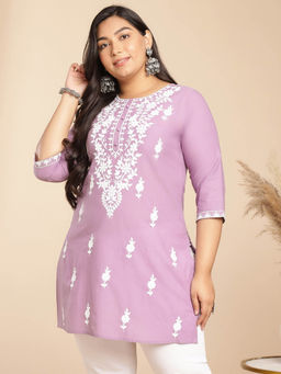 Janasya - Women Lavender Cotton Thread Work Embroidered Kurti