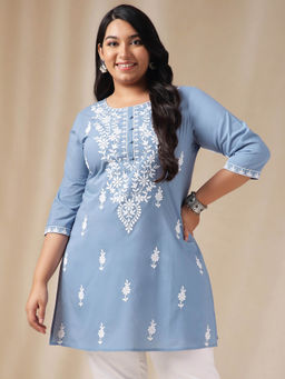 Janasya - Women Blue Cotton Thread Work Embroidered Kurti