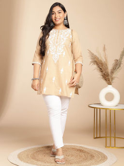 Janasya - Women Cream Cotton Thread Work Embroidered Kurti