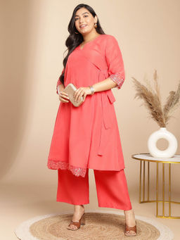 Janasya - Women Plus Size Peach Solid Angarkha Kurta with Pant (Set of 2)