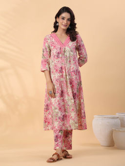 Janasya - Women Pink Floral Printed Kurta with Pant (Set of 2)