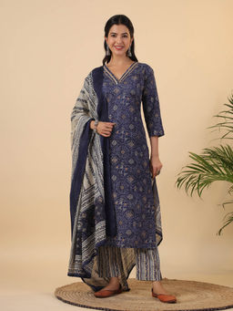 Janasya - Women Navy Blue Printed Kurta with Pant and Dupatta (Set of 3)