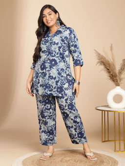 Janasya - Women Plus Size Navy Blue Floral Printed Tunic with Pant (Set of 2)