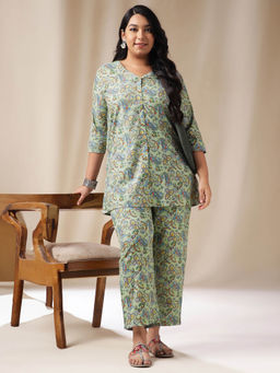 Janasya - Women Plus Size Green Floral Printed Tunic with Pant (Set of 2)