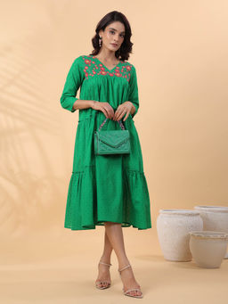 Janasya - Women Green Dobby Cotton Embroidered Dress