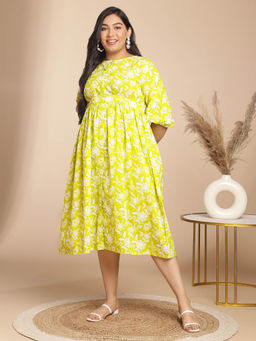 Janasya - Women Plus Size Lime Green Cotton Floral Dress