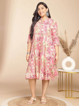 Janasya - Women Plus Size Pink Cotton Floral Dress