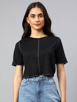 Xpose - Women Black Pop Stitch Round Crop Top