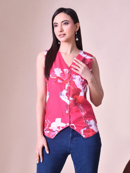 MYSHKA - Pink Printed Floral Sleeveless Top
