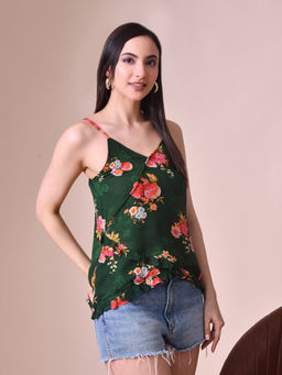 MYSHKA - Green Printed Floral Sleeveless Top