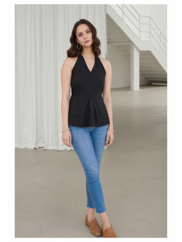 MYSHKA - Black Solid/Plain Sleeveless Top
