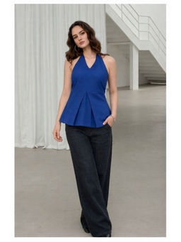 MYSHKA - Blue Solid/Plain Sleeveless Top