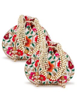 Anekaant - Dangle Cream & Multi-Color Floral Embroidered Faux Silk Potlis Combo (Pack Of 2)