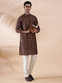 THE KURTA COMPANY - Brown Multi Printed Silk Blend Mens Kurta