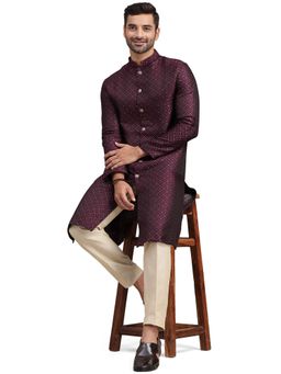 THE KURTA COMPANY - Mens Deep Wine Jacquard Regular Fit Front Open Kurta