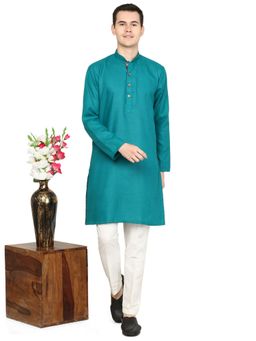 THE KURTA COMPANY - Mens Solid Rama Green Cotton Blend Kurta