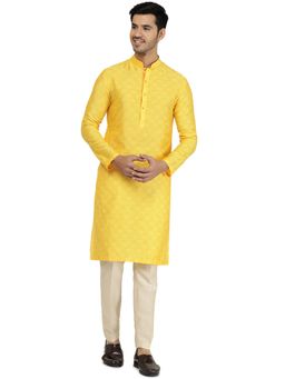 THE KURTA COMPANY - Mens Poly Silk Yellow Self Design Kurta