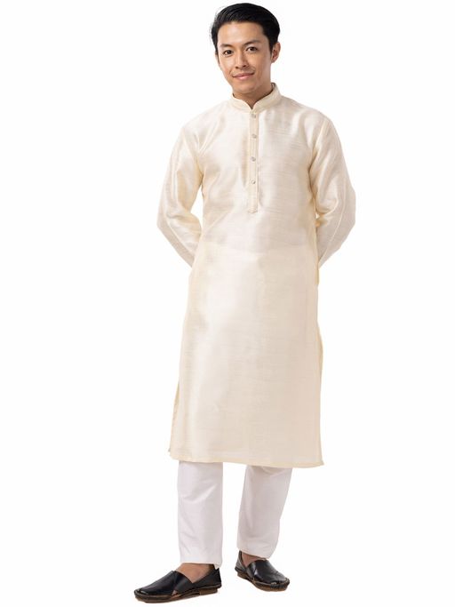 THE KURTA COMPANY Mens Almond Off White Cotton Poly Blend Comfort Fit Kurta