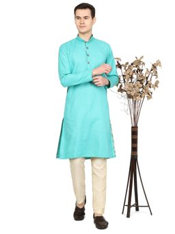 THE KURTA COMPANY - Mens Solid Aqua Green Cotton Blend Kurta