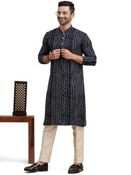 THE KURTA COMPANY - Mens Navy Blue Printed Cotton Blend Regular Fit Kurta