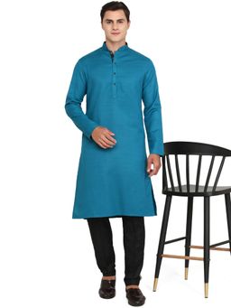 THE KURTA COMPANY - Mens Solid Peacock Blue Silk Blend Kurta