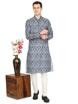 THE KURTA COMPANY - Mens Printed Blue Mughal Maroon Silk Blend Kurta