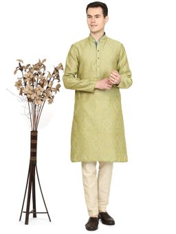 THE KURTA COMPANY - Mens Printed Lemon Green Silk Blend Kurta