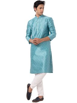 THE KURTA COMPANY - Mens Turquoise Blue Cotton Silk Blend Comfort Fit Kurta
